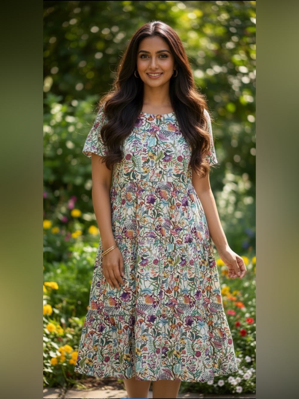 Multicolor Floral Fit-and-Flare Midi Dress